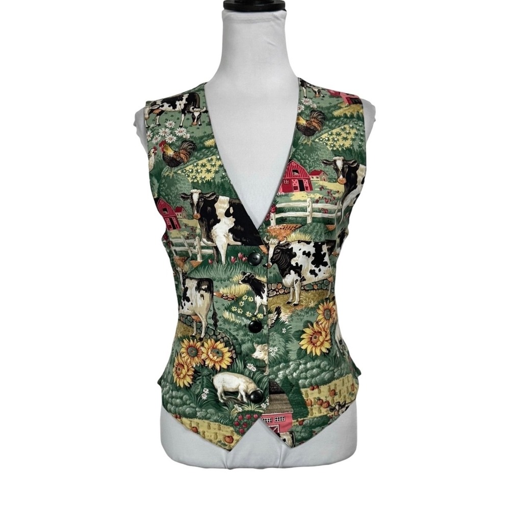 90s Cow Farm Print Vest Sz Small Sunflower‎ Barn Cottagecore Prairie Novelty VTG